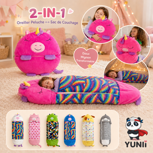 Sac de Couchage Enfant 2 en 1 - Oreiller Peluche Animal Confortable Garçon Fille