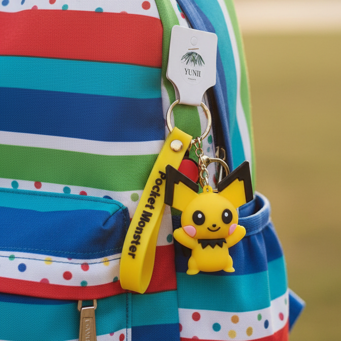 Photo lifestyle du porte-clés Pikachu sur sac à dos coloré