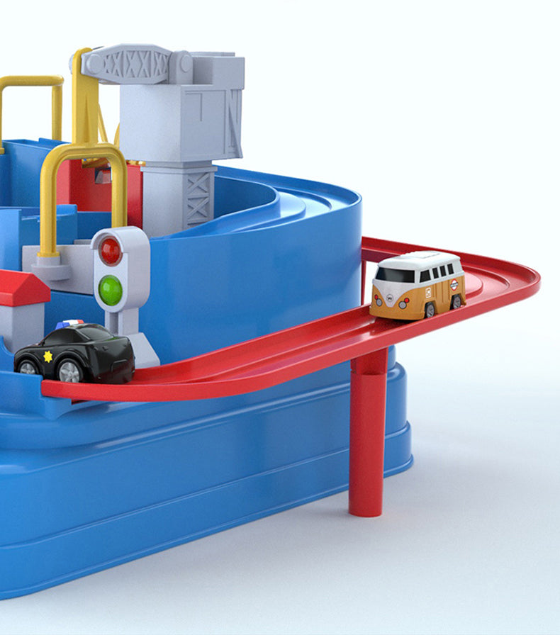 Véhicule circulant sur le Circuit de Voitures Montessori bleu
