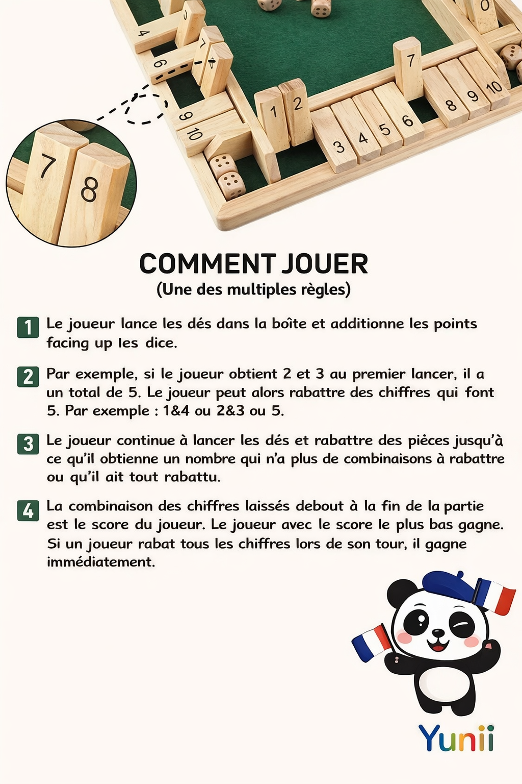 Shut The Box - Jeu de Société en Bois 4 Faces - Jeu de Dés Mathématique Famille