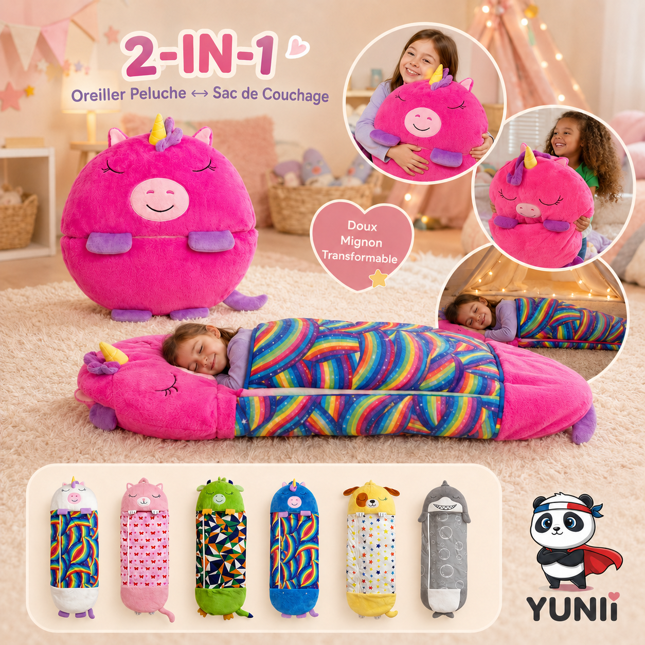 Sac de Couchage Enfant 2-en-1 – Oreiller Peluche Animal