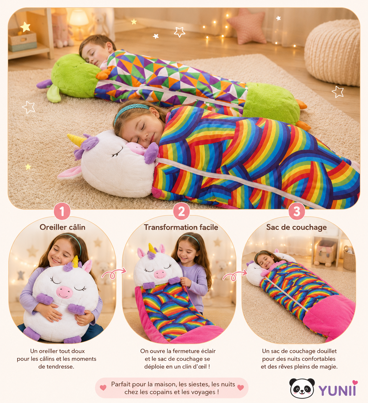 Sac de Couchage Enfant 2-en-1 – Oreiller Peluche Animal