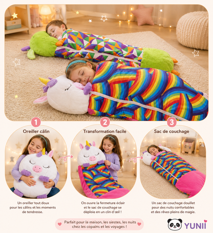 Sac de Couchage Enfant 2-en-1 – Oreiller Peluche Animal