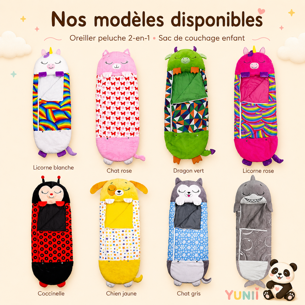 Sac de Couchage Enfant 2-en-1 – Oreiller Peluche Animal