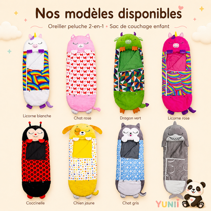 Sac de Couchage Enfant 2-en-1 – Oreiller Peluche Animal