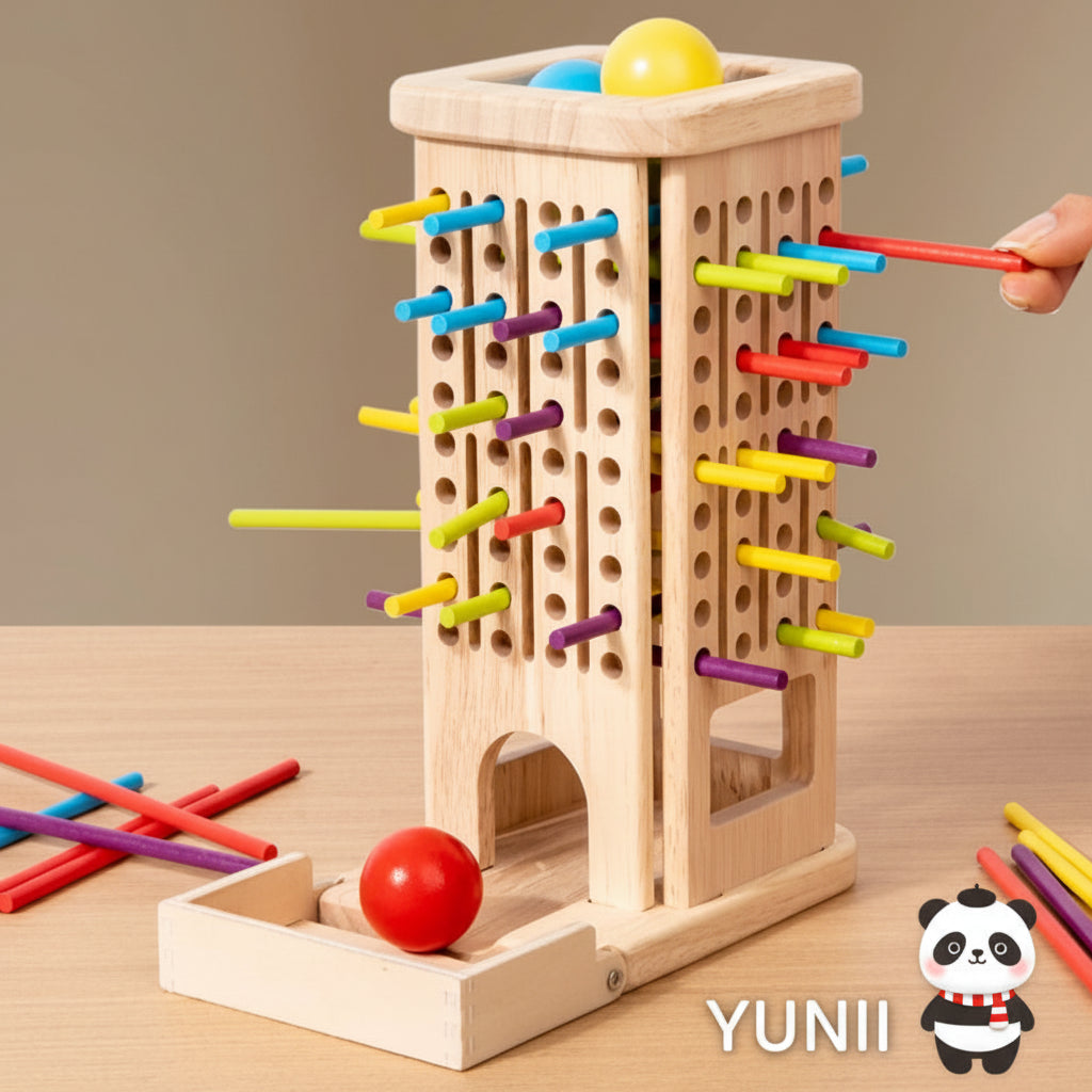 Jeu éducatif Montessori en bois - Détail de la tour à bâtonnets et accessoires colorés 