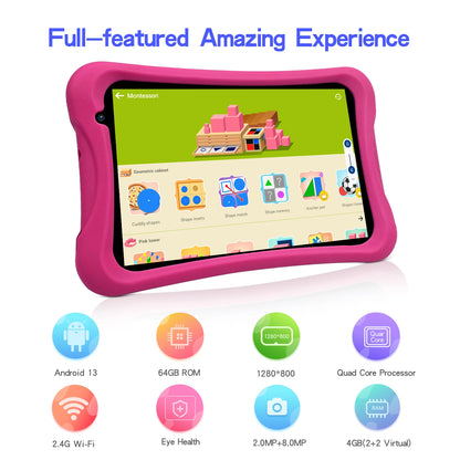 Tablette Enfant 8 Pouces Android 13 - 64GB ROM, Contrôle Parental, Coque Protection - Éducative 3-12 ans
