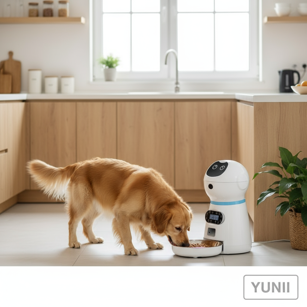 Animal heureux avec le distributeur de croquettes automatique - lifestyle YUNII