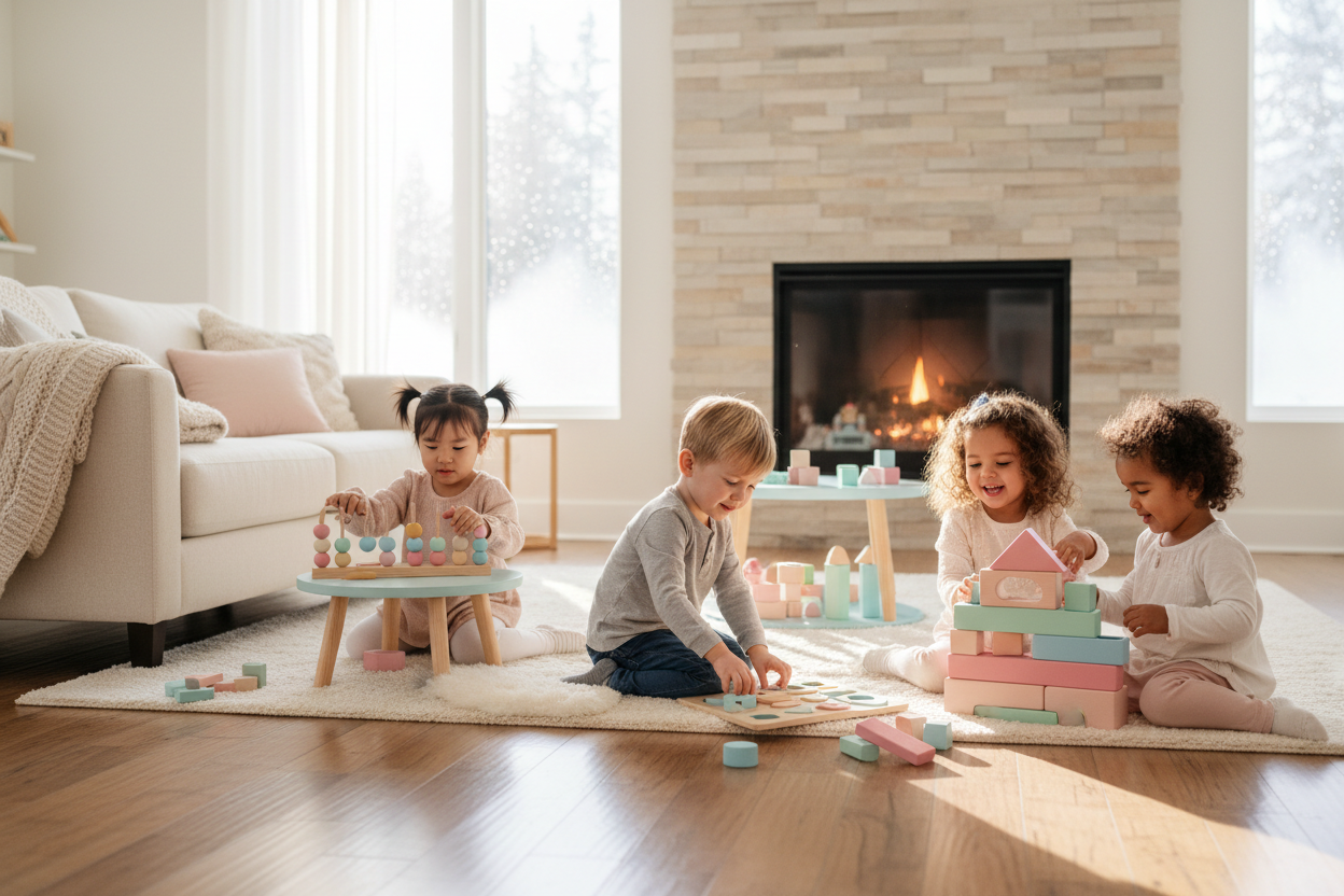 Bannière hero soldes d'hiver - Enfants avec jouets éducatifs