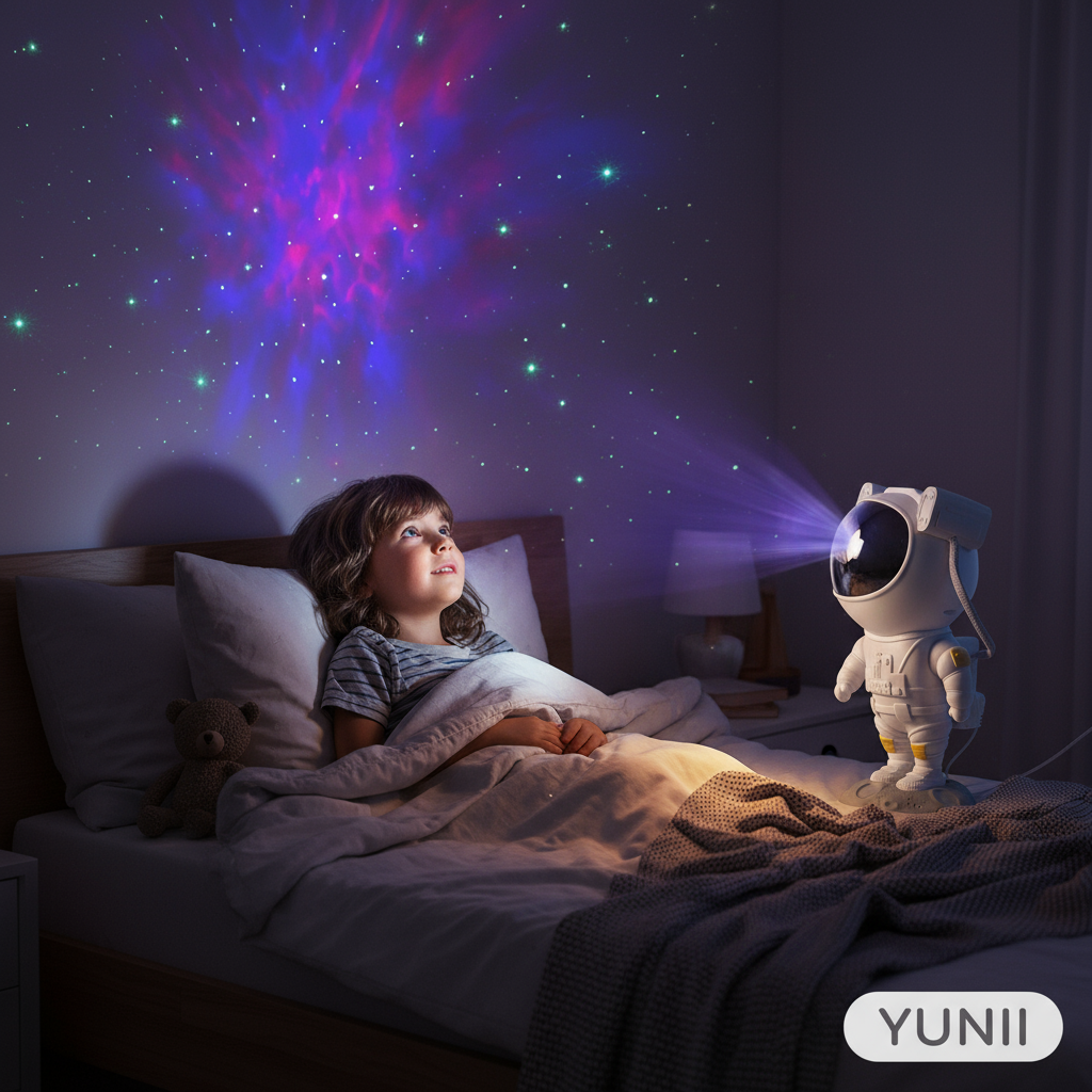 Enfant admirant le projecteur astronaute galaxie - lifestyle YUNII