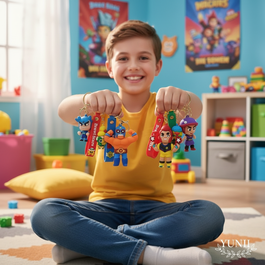 Enfant avec 5-6 porte-clés Brawl Stars dans sa chambre - YUNII