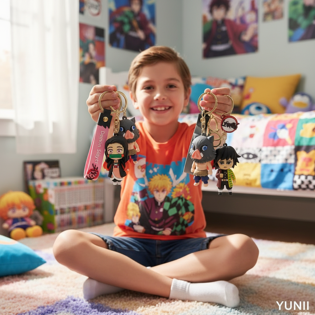 Enfant avec 5-6 porte-clés Demon Slayer dans sa chambre - YUNII
