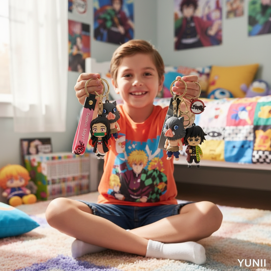 Enfant avec 5-6 porte-clés Demon Slayer dans sa chambre - YUNII