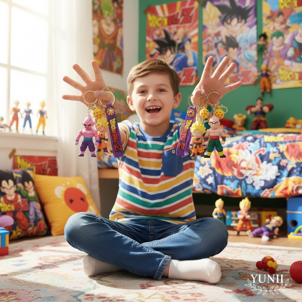 Enfant avec 5-6 porte-clés Dragon Ball Z dans sa chambre - YUNII