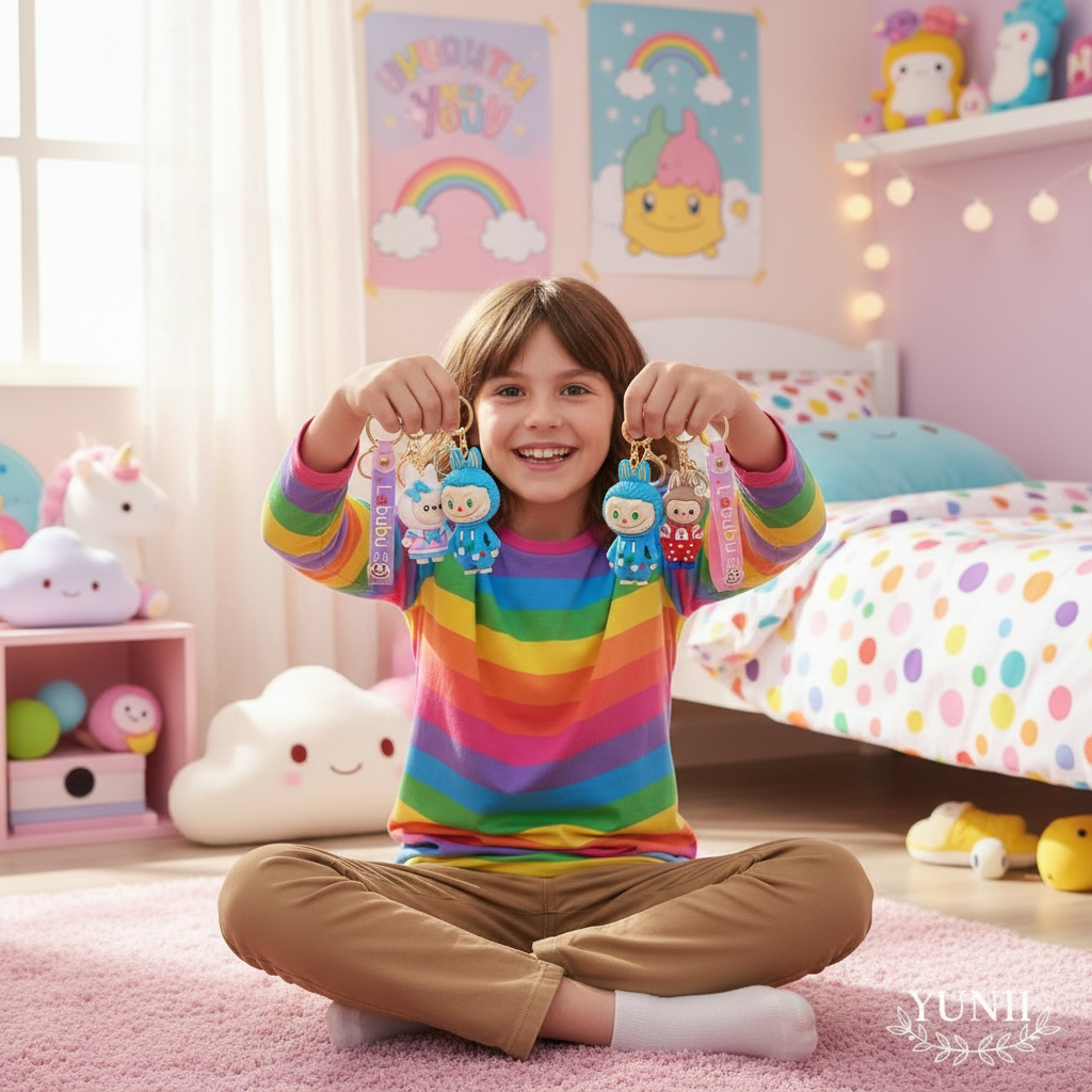 Enfant avec 5-6 porte-clés Labubu dans sa chambre - YUNII