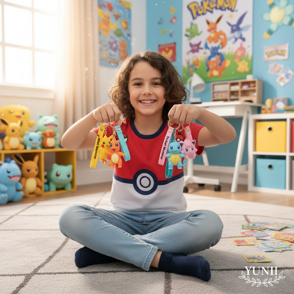 Enfant avec 5-6 porte-clés Pokémon dans sa chambre - YUNII