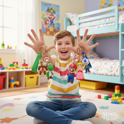 Enfant avec collection porte-clés Super Mario dans sa chambre - YUNII
