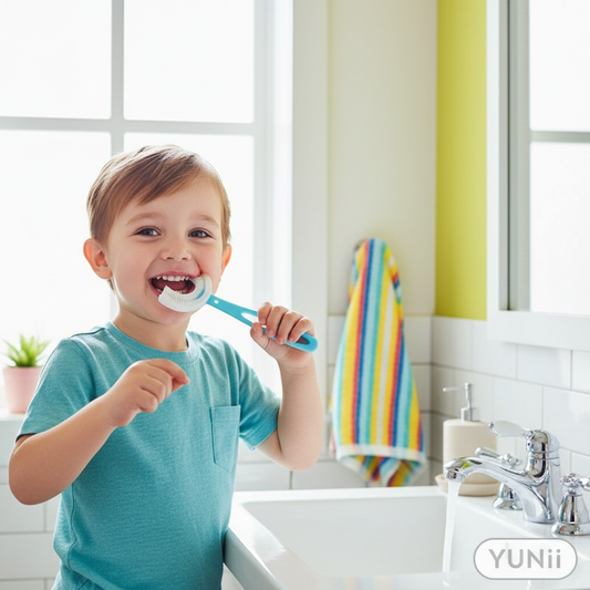 Enfant de 3-4 ans utilisant la brosse à dents en U