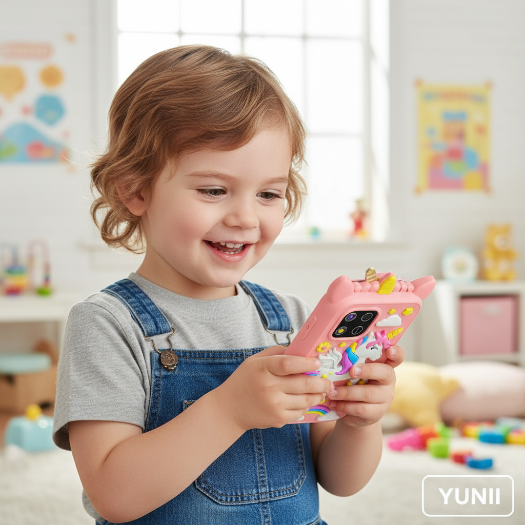 Enfant de 5 ans jouant avec le smartphone musical licorne - lifestyle YUNII