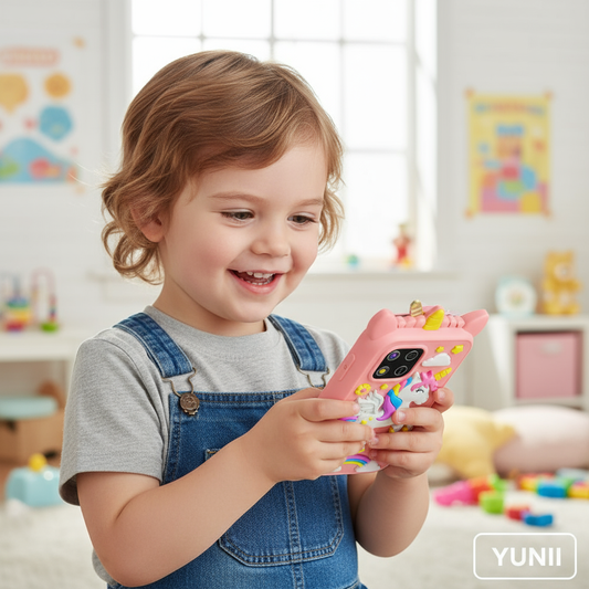 Enfant de 5 ans jouant avec le smartphone musical licorne - lifestyle YUNII
