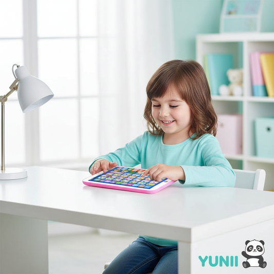 Enfant de 6 ans avec tablette éducative YUNII - photo réelle du produit