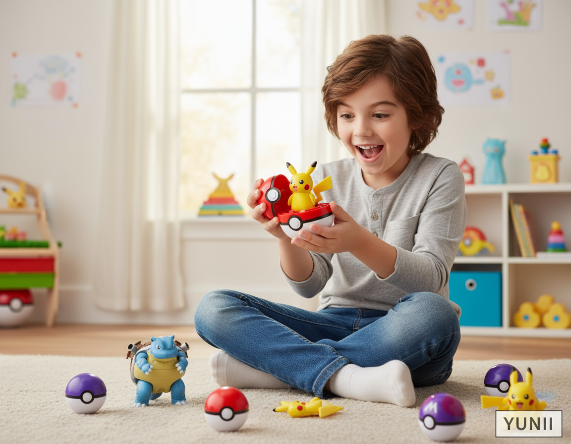 Enfant jouant avec Pokéball et figurines Pokémon - lifestyle YUNII