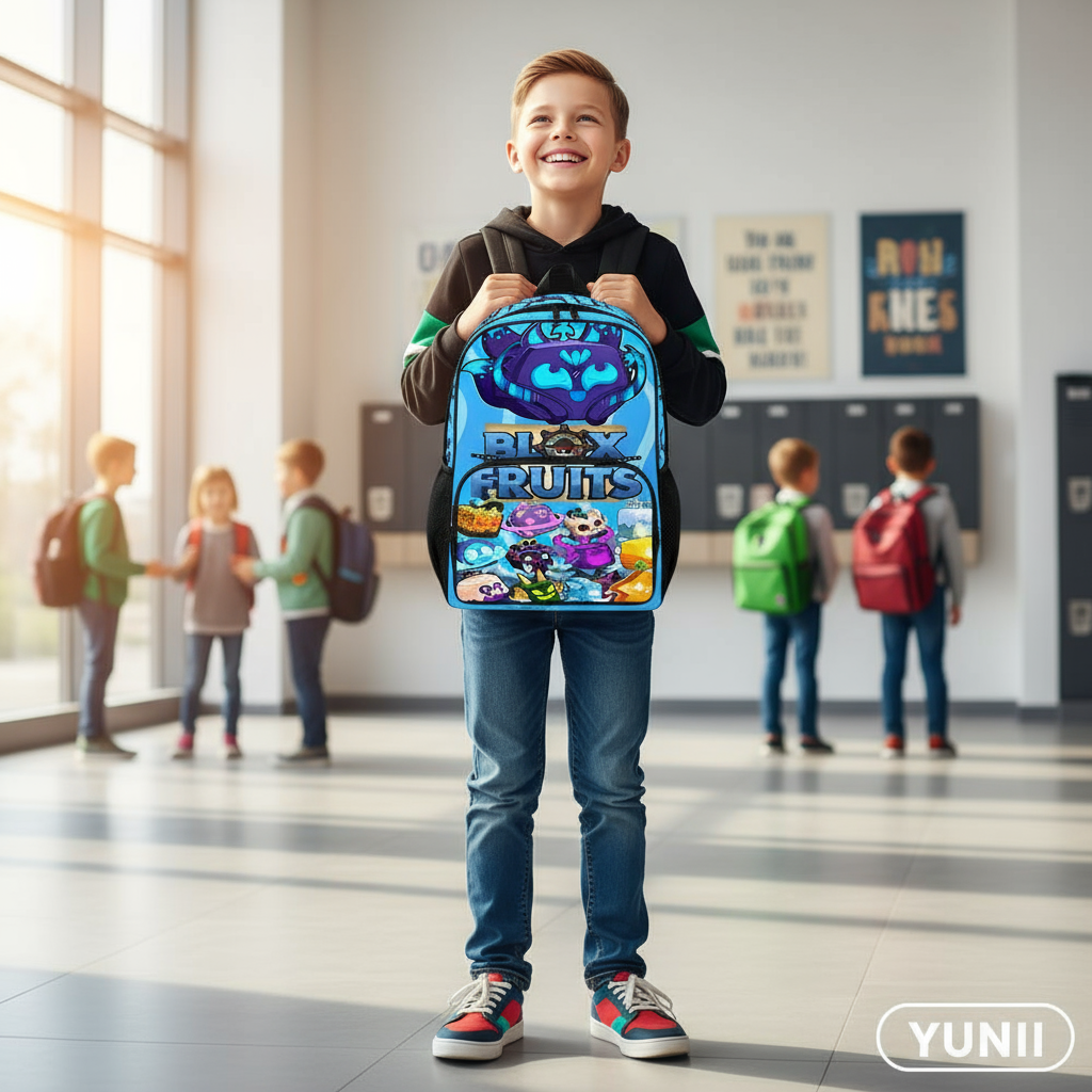 Enfant portant le sac à dos Blox Fruits - lifestyle YUNII