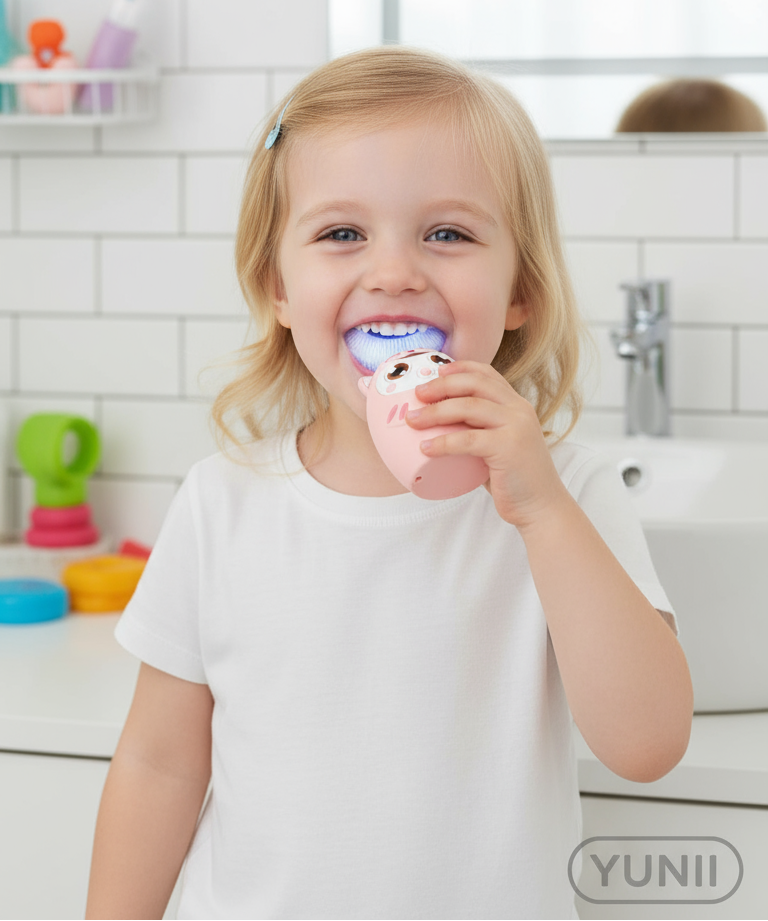 Enfant utilisant la brosse à dents électrique en U