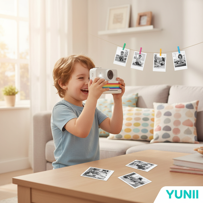 Enfant utilisant l'appareil photo instantané YUNII - Moment créatif et amusant à la maison