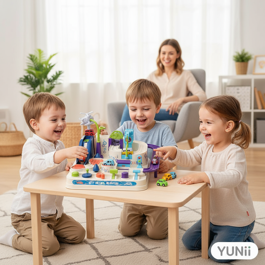 Enfants jouant avec le circuit de voiture Montessori - lifestyle YUNII