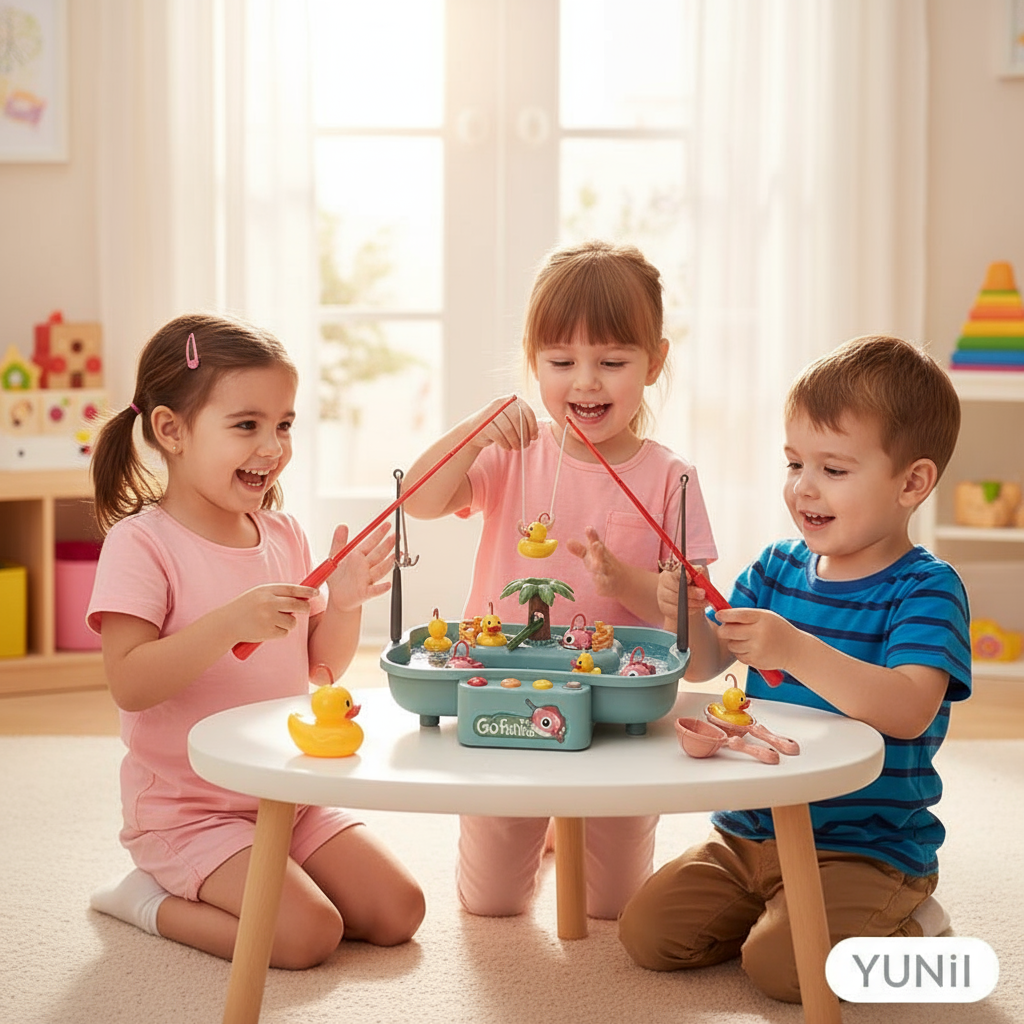 Enfants jouant avec le jeu de pêche aux canards - lifestyle YUNII