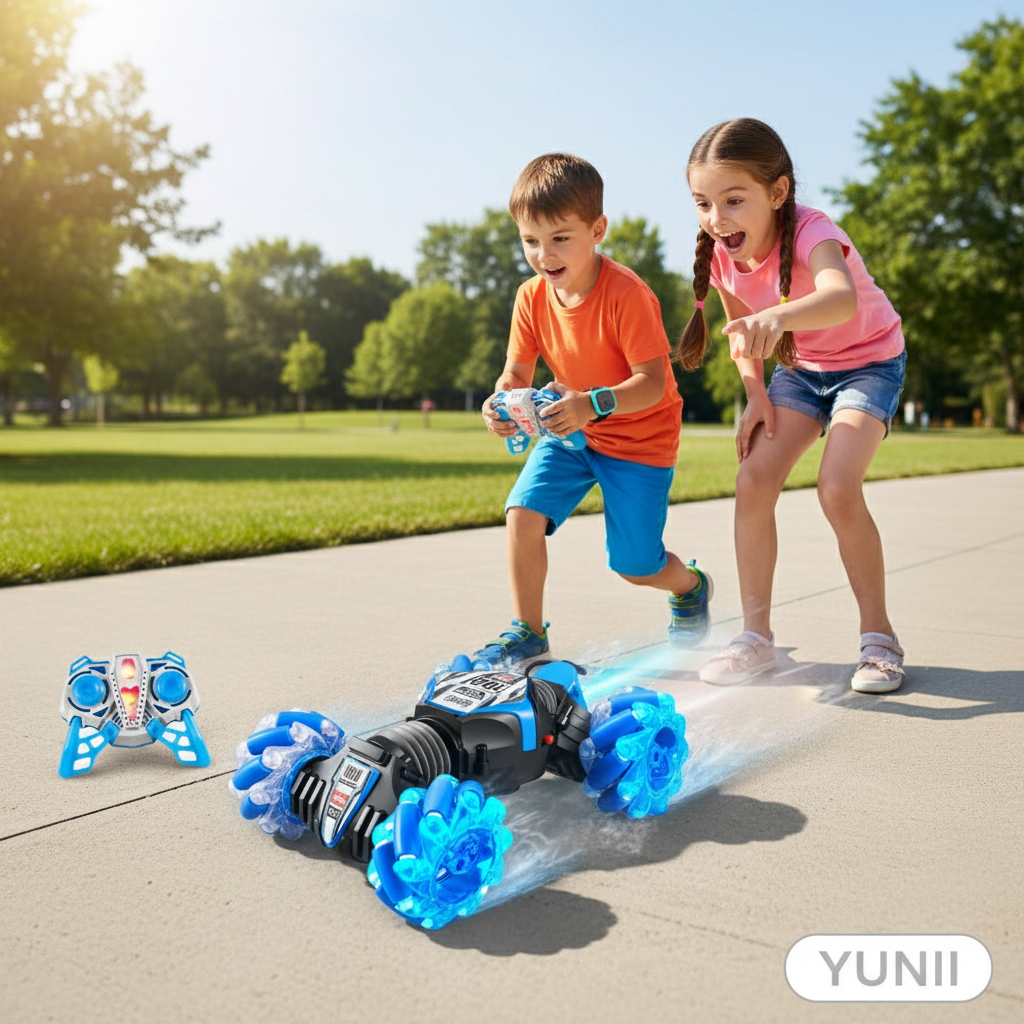 Garçon et fille de 10 ans jouant avec la Twist Car en extérieur - lifestyle YUNII