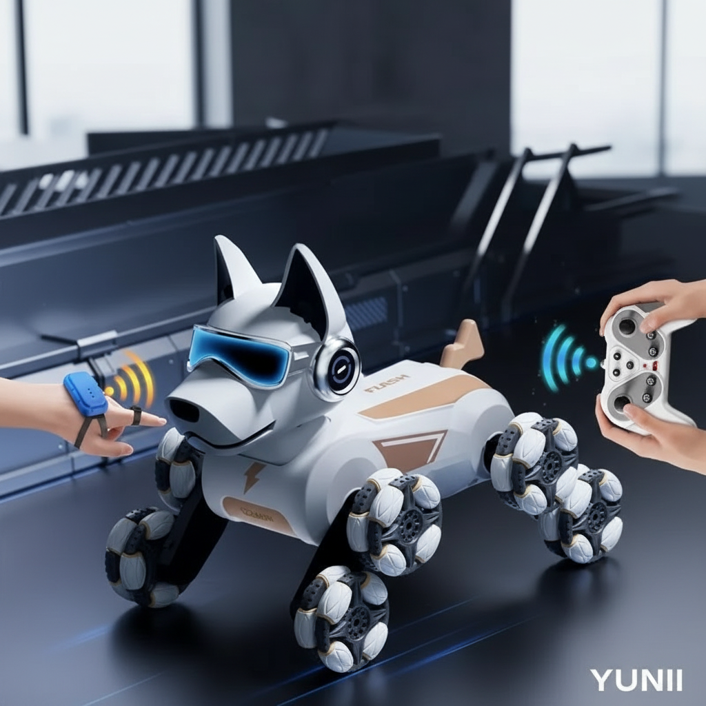 Image lifestyle chien robot YUNII blanc double contrôle