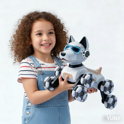 Image lifestyle nouvel enfant avec chien robot YUNII