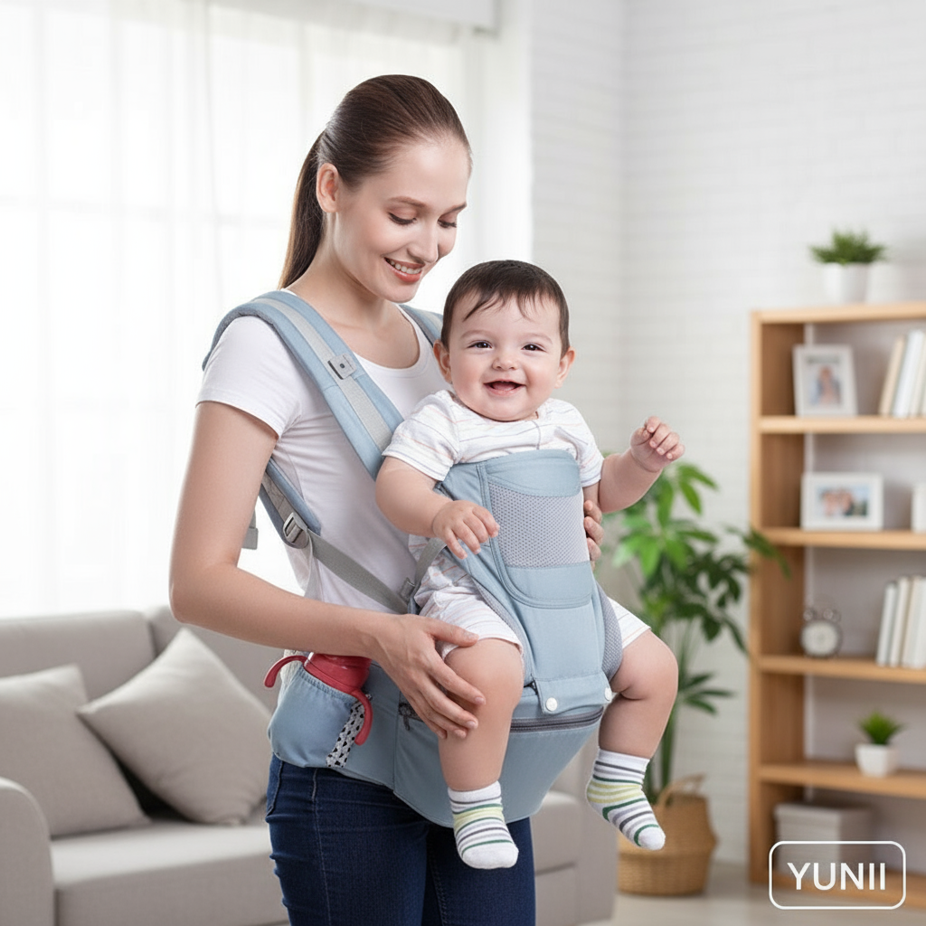 Parent portant bébé dans le porte-bébé ergonomique - lifestyle YUNII