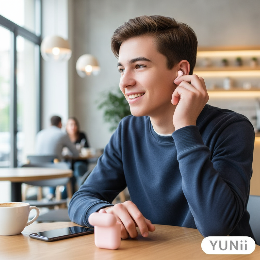 Personne avec écouteurs Bluetooth macarons - lifestyle YUNII