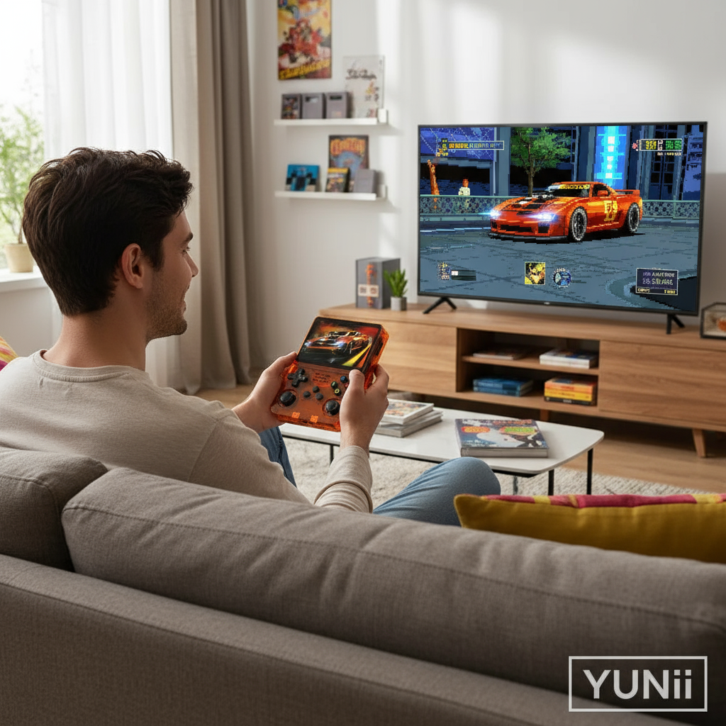 Personne jouant avec la console rétro NeoPlay Classic - lifestyle YUNII
