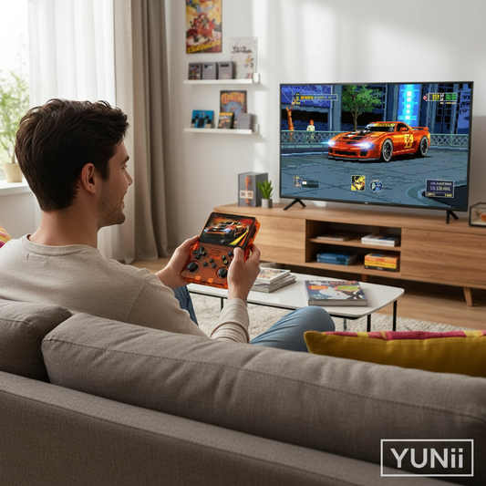 Personne jouant avec la console rétro NeoPlay Classic - lifestyle YUNII