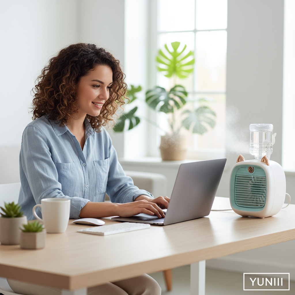 Personne travaillant confortablement avec ventilateur de bureau USB - lifestyle YUNII