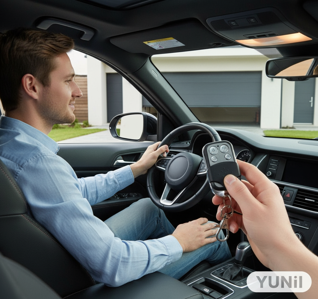 Personne utilisant la télécommande universelle de portail - lifestyle YUNII