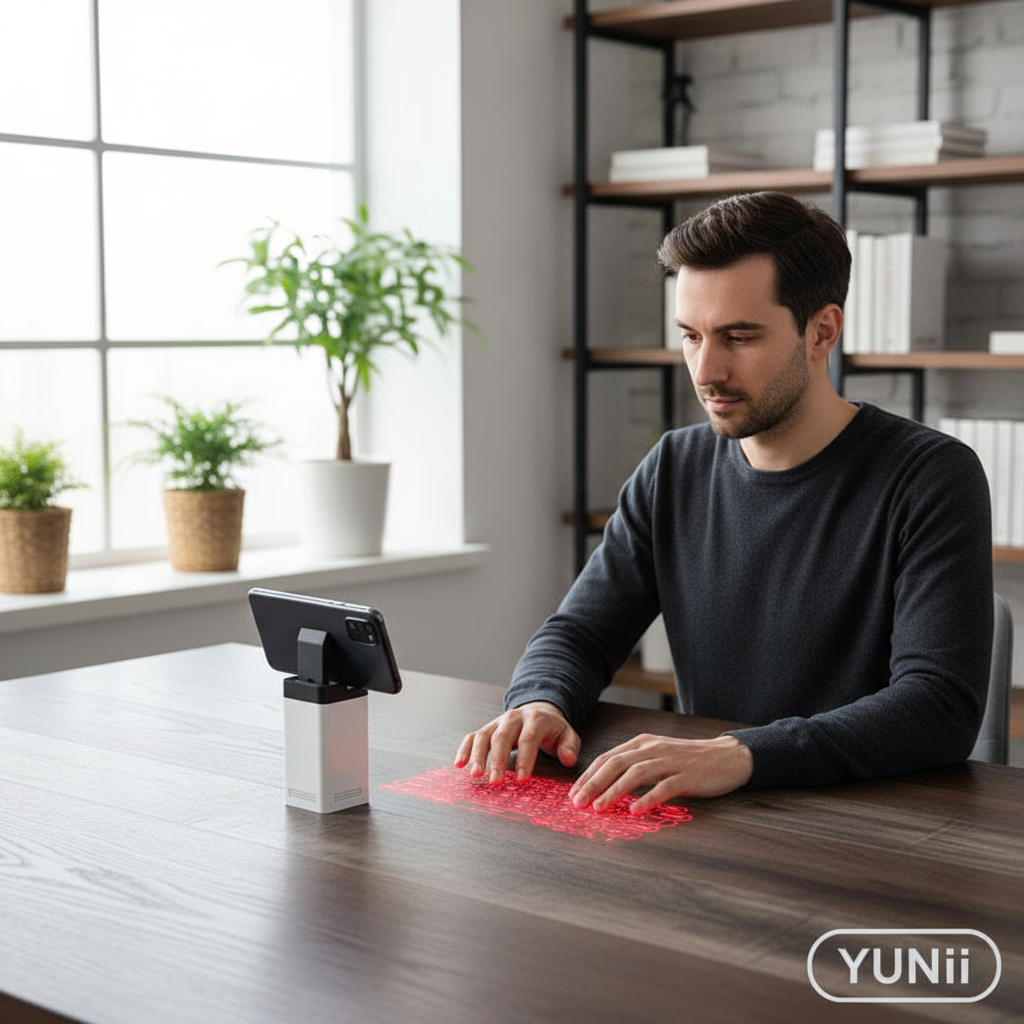 Personne utilisant le clavier virtuel laser - lifestyle YUNII