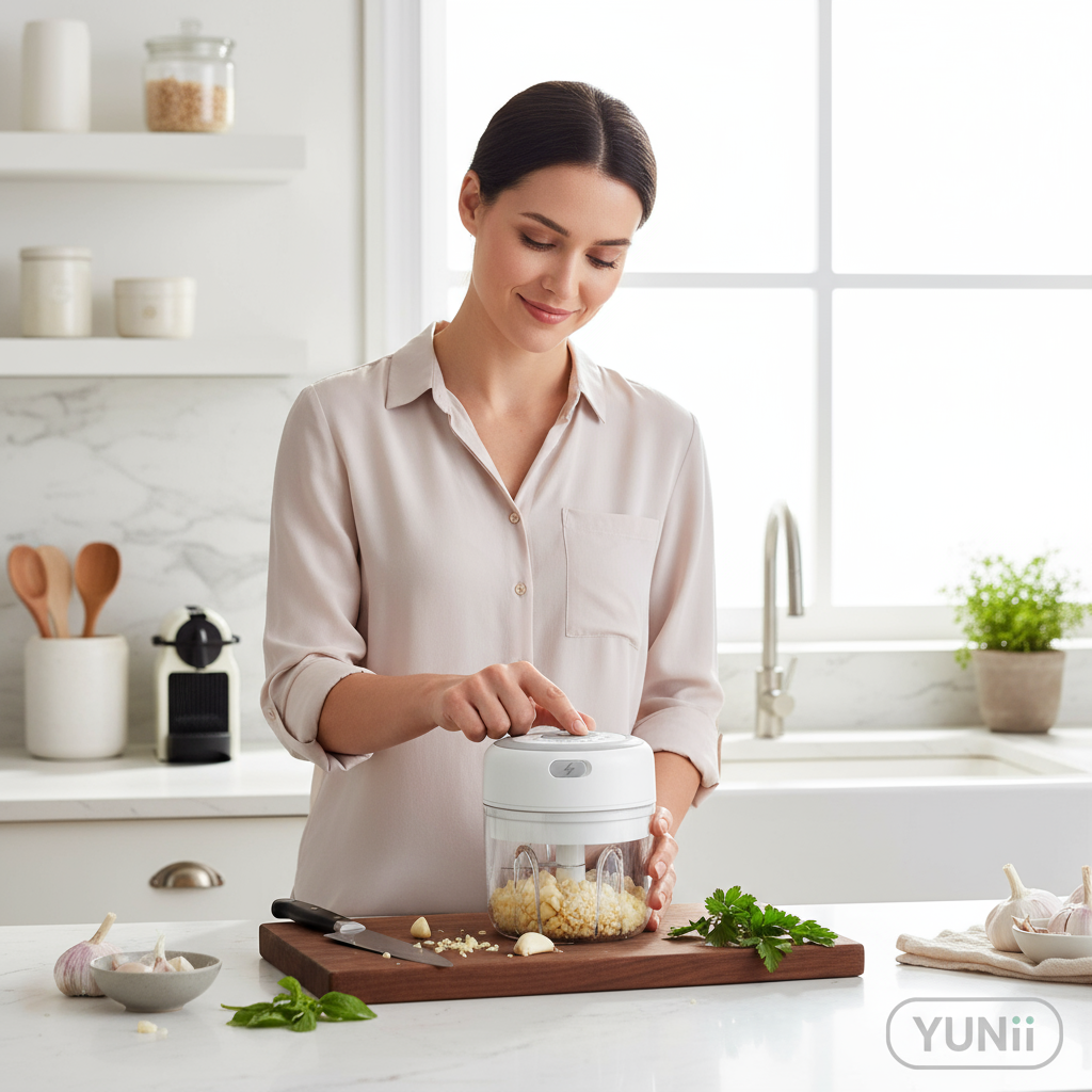 Personne utilisant le Press Ail électrique - lifestyle YUNII