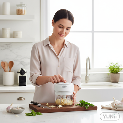 Personne utilisant le Press Ail électrique - lifestyle YUNII