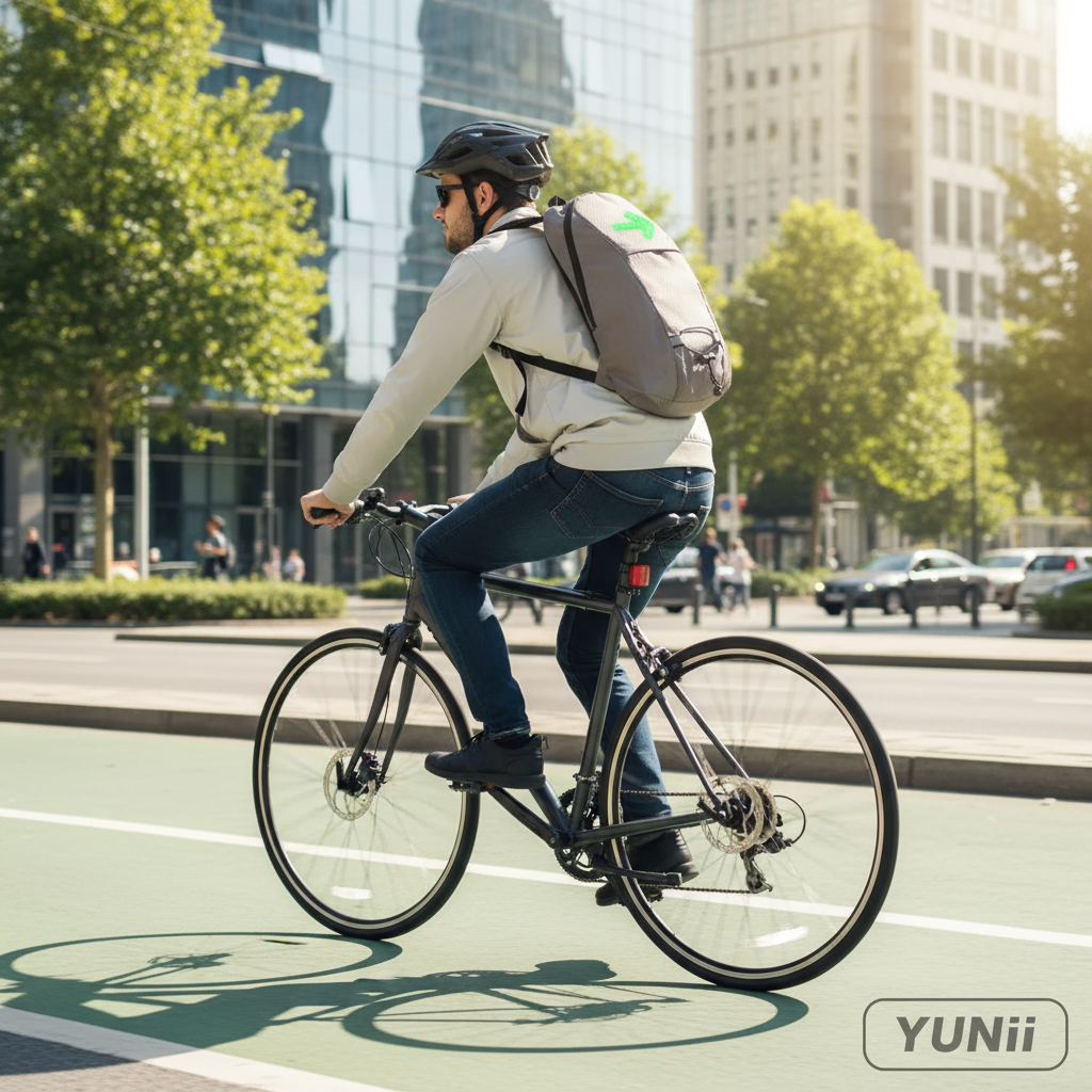 Personne à vélo avec le sac à dos LED connecté - lifestyle YUNII