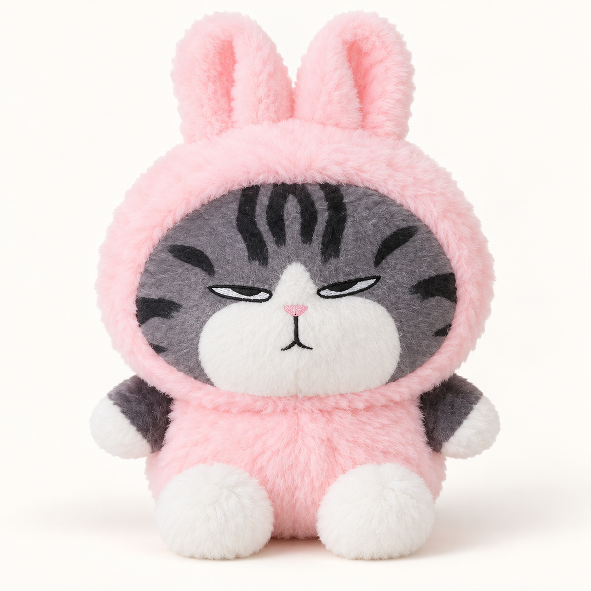 Peluche YUNII Chat gris en capuche lapin rose – modèle animal doux à collectionner
