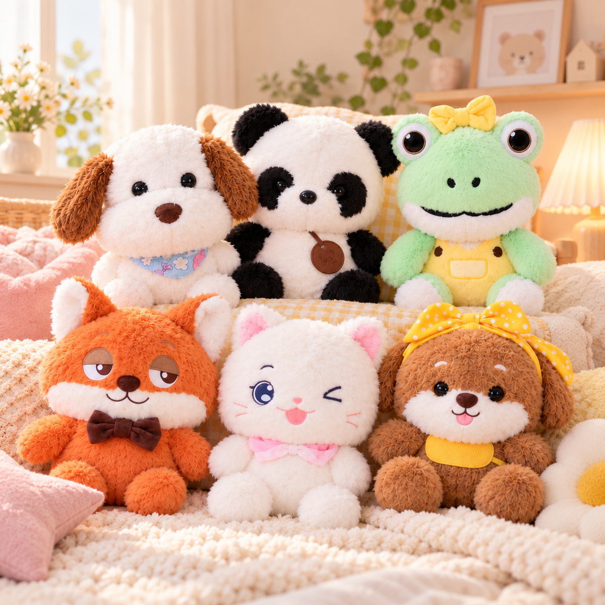 Peluches YUNII disposées dans une chambre d’enfant