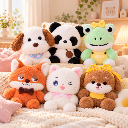 Peluches YUNII disposées dans une chambre d’enfant