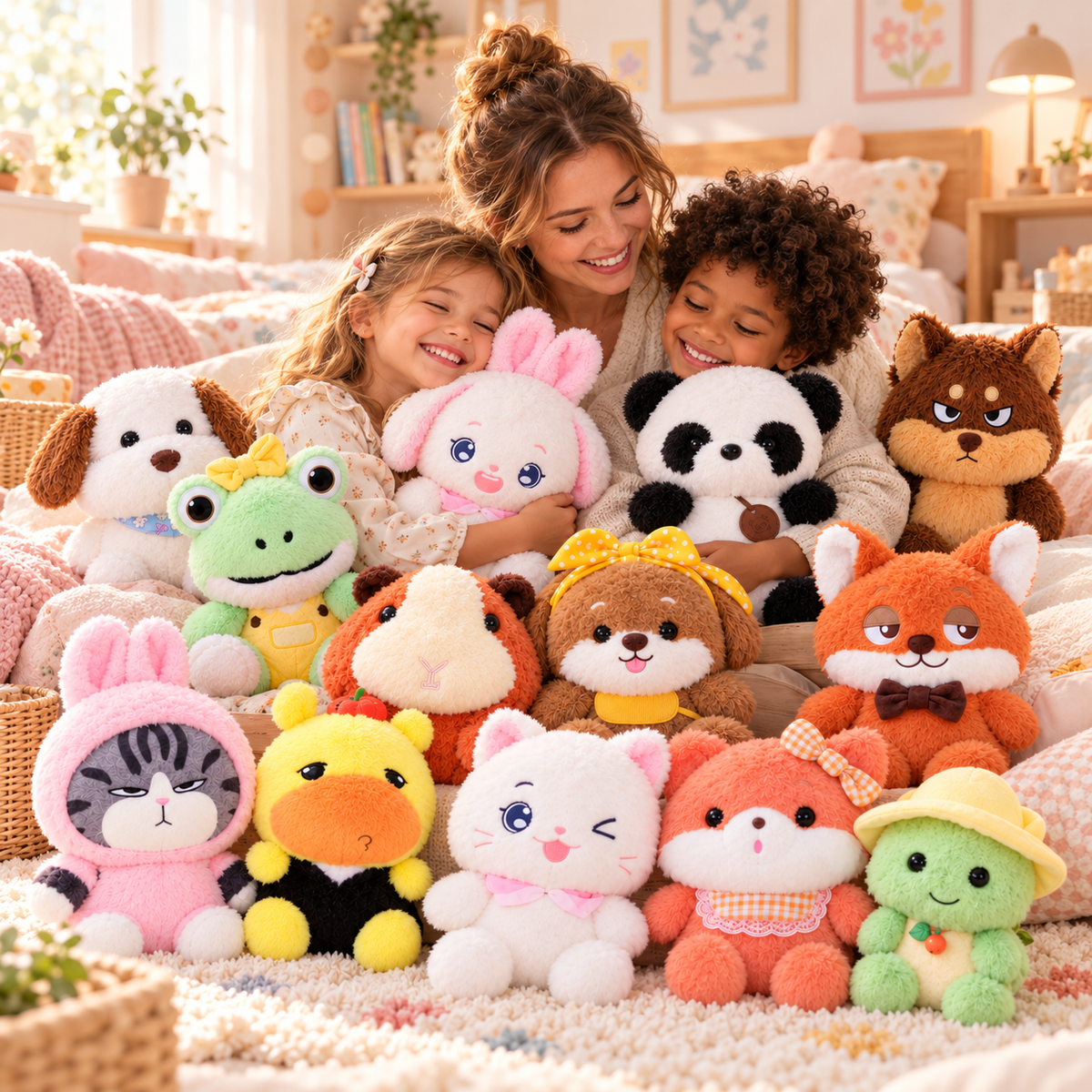 Enfants et maman avec les peluches YUNII – idée cadeau